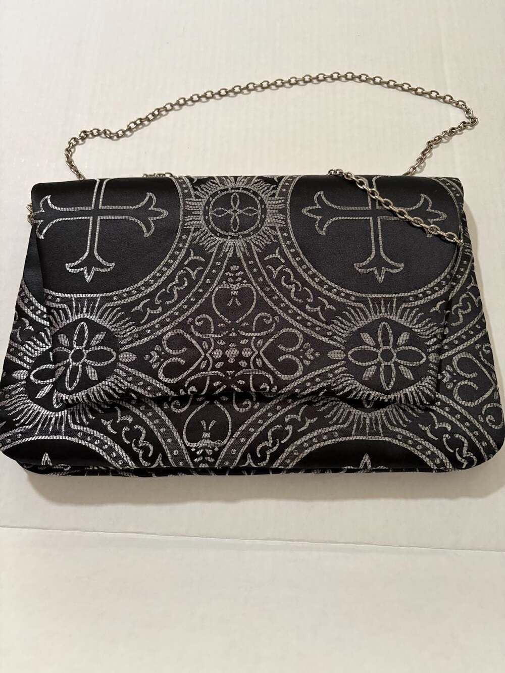 Terramina Black and Silver Metallic Gothic Cross Print Clutch Bag with Chain Str